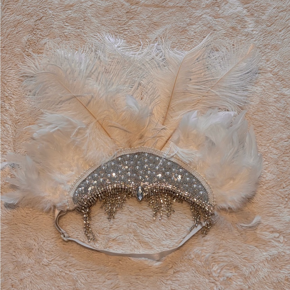 White Feather and Silver Sequin Headband